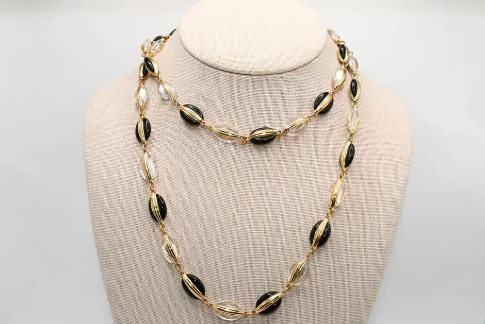 Vintage Swarovski Black Clear Crystal Gold Tone Long Necklace 34”